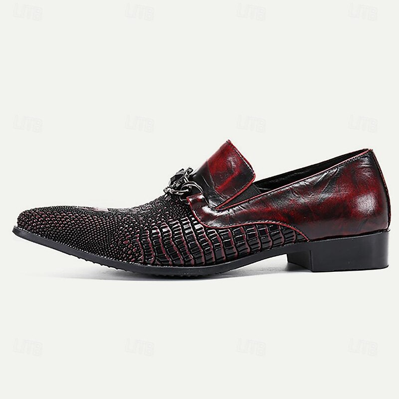 Luxurious Men's Red Leather Dress Loafers with Textured Detail and Chain Buckle4