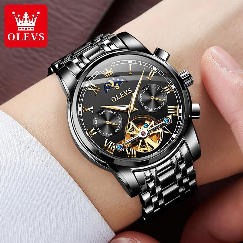OLEVS Men Mechanical Watch Fashion Business Wristwatch Automatic Self-winding Moon phase Luminous Waterproof Steel Watch3