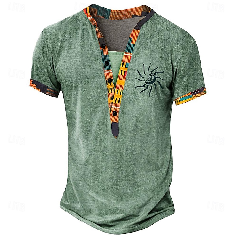 Men's Tribal Bandana Print T Shirt Henley Shirt Short Sleeve 3D Print Designer Ethnic Casual Daily Summer Spring Yellow Green Khaki Henley Henley T-Shirt4