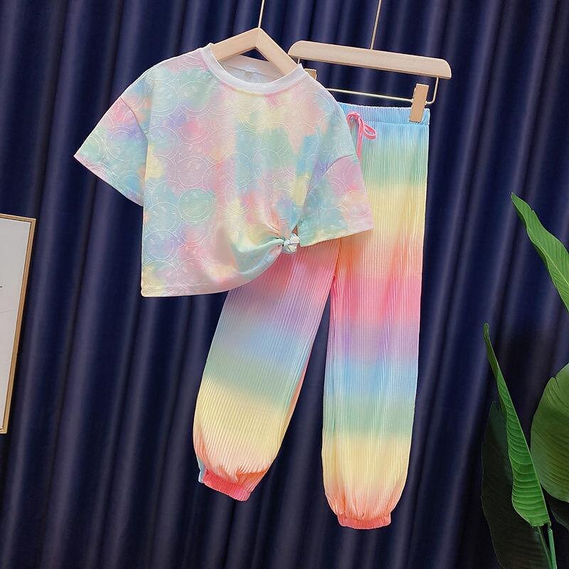 Girls' Summer Rainbow Suit Middle And Big Children's Clothing For Girls Tie-dye Sports 2-piece Sets Baby Girl Clothes3
