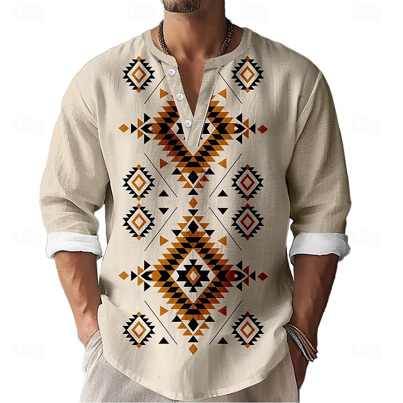 Men's Ethnic Shirt Button Up Shirt Henley Shirt Long Sleeve Casual Tribal Vacation Casual Holiday Summer Spring Fall Collarless V Neck Print Beige