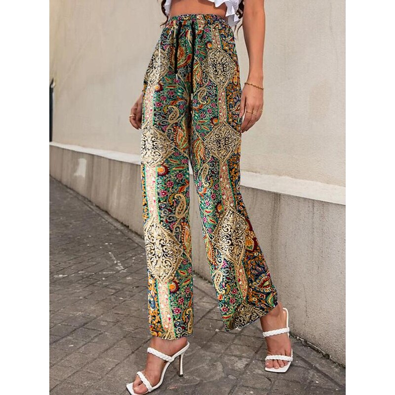 Women's Wide Leg Pants Trousers Casual Daily Long Graphic Paisley Dog Side Pockets Print Elastic Drawstring Design Breathability Comfortable Inelastic Going out Weekend Black & White Black Yellow Gray4