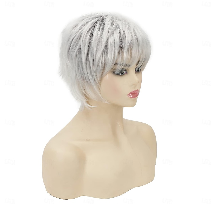 Sliver Grey Bob Short Wigs for White Women Straight Pixie Bob Wig with Bangs Chin Length Blonde Highlight Natural Looking Wig Synthetic Daily Party Wig4