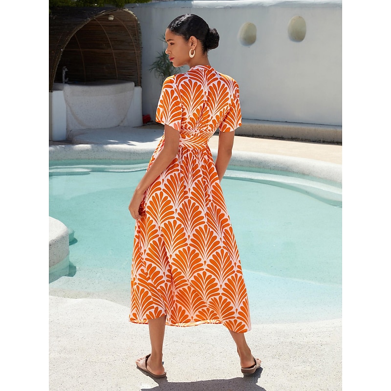 Women's Midi Dress Maxi Dress Orange Short Sleeve Geometric With Belt Spring & Summer V Neck Pattern Dress S M L2