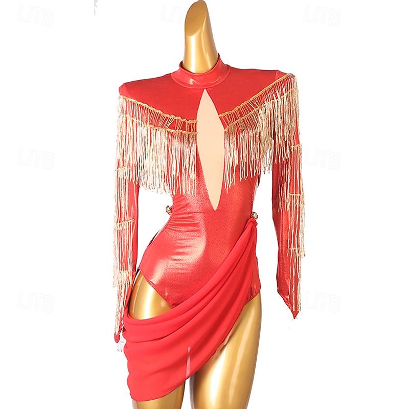 Latin Dance Dress Scattered Crystals Style Women's Girls' Performance Training Long Sleeve High PU Tulle