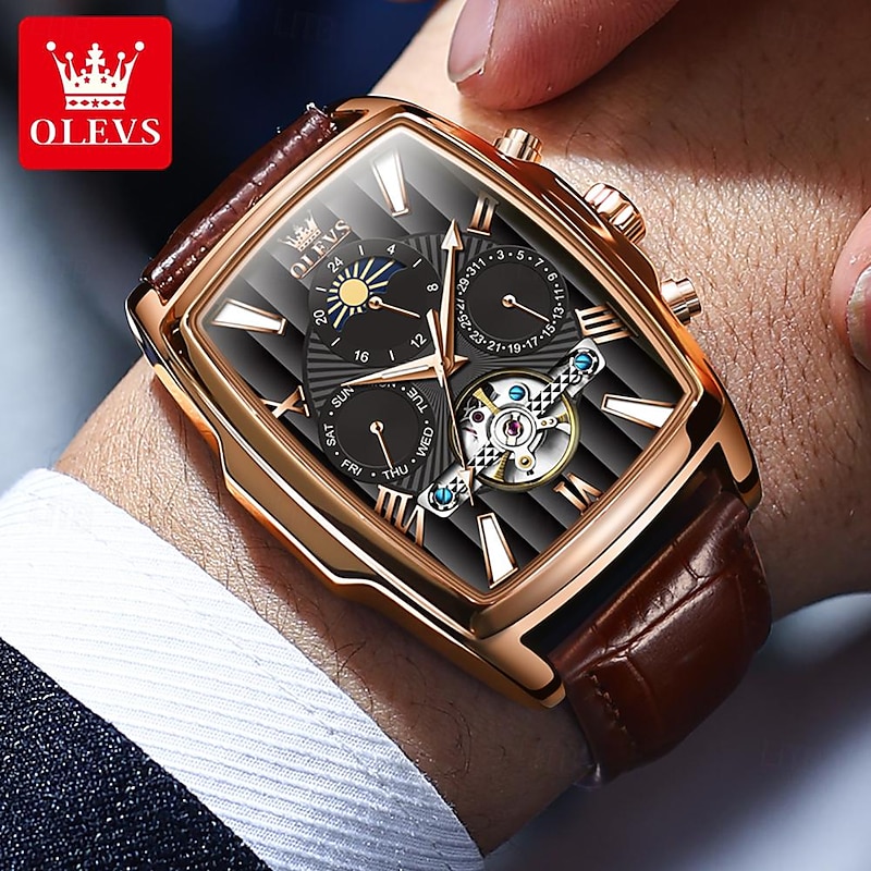 OLEVS Men Mechanical Watch Fashion Casual Wristwatch Automatic Self-winding Moon phase Luminous Calendar Leather Watch4