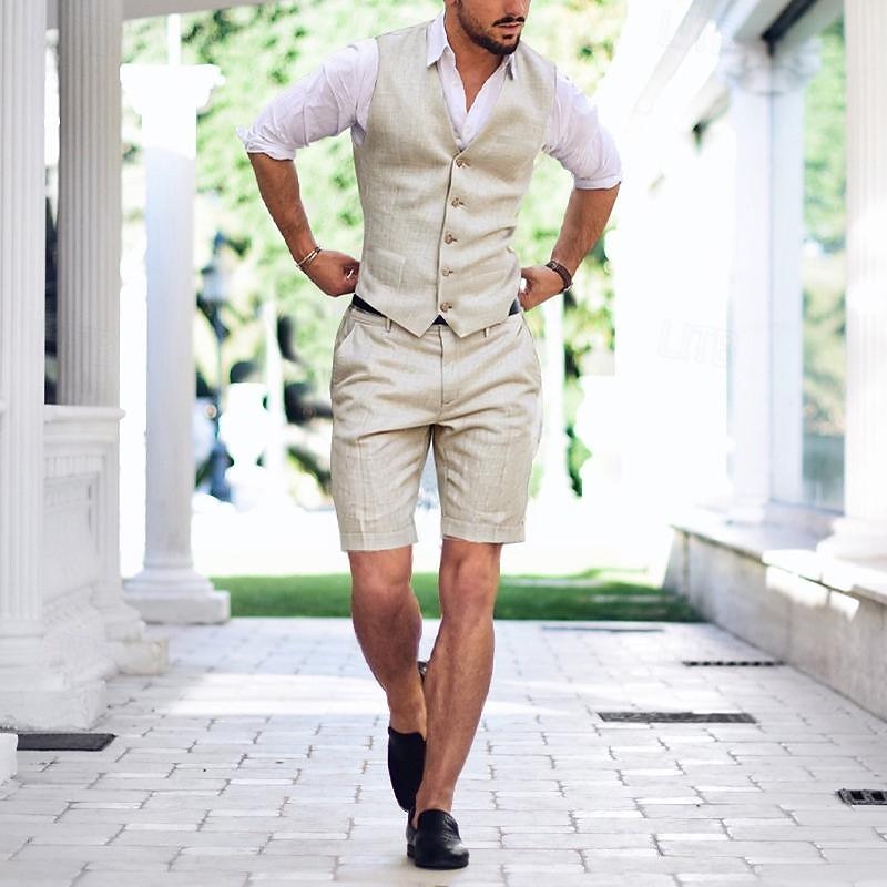 Men's Wedding Linen Suits V Neck Light Khaki Sky Blue Solid Colored Tailored Fit 2 Piece3