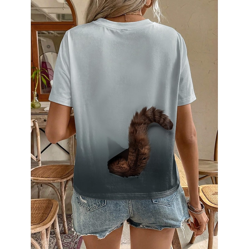 Women's T Shirt Fashion Cat Print Short Sleeve Regular Tops Round Neck Daily Weekend Gray Summer 3D cat3