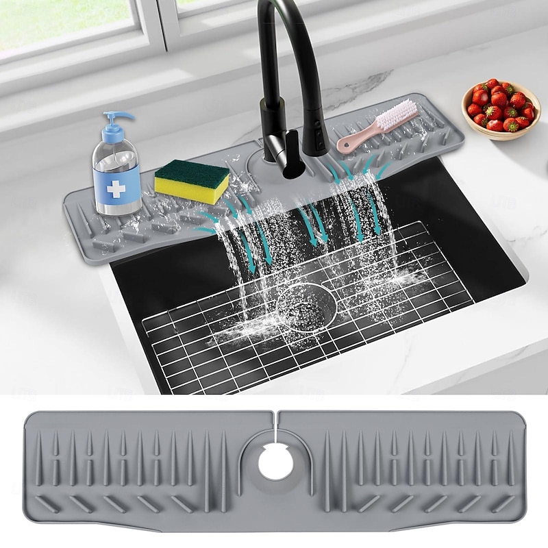 Kitchen Sink Splash Guard, 24in Faucet Mat Splash Catcher, Handle Drip Catcher Tray, Multipurpose for Kitchen Dish Drying Mats Sponge Holder and Bathroom Countertop Protect-Grey