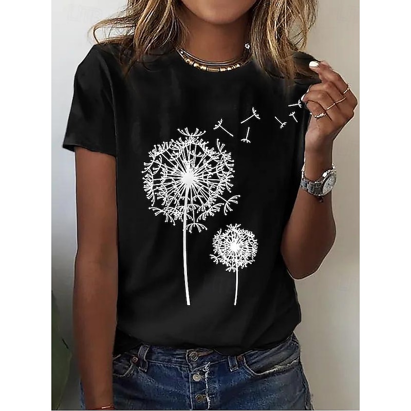 Women's Casual T-Shirt Dandelion Print Crew Neck White Short Sleeve Summer Wear Comfort Fit Daily Essential4