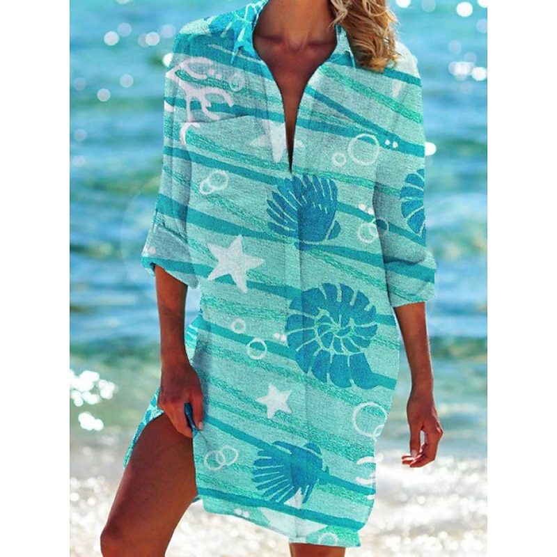 Women's Shirt Blouse Graphic Casual Beach Long Sleeve Shirt Collar Long Tops Vacation Beach Buttons Pocket Print White Light Green Blue Green Spring & Summer2