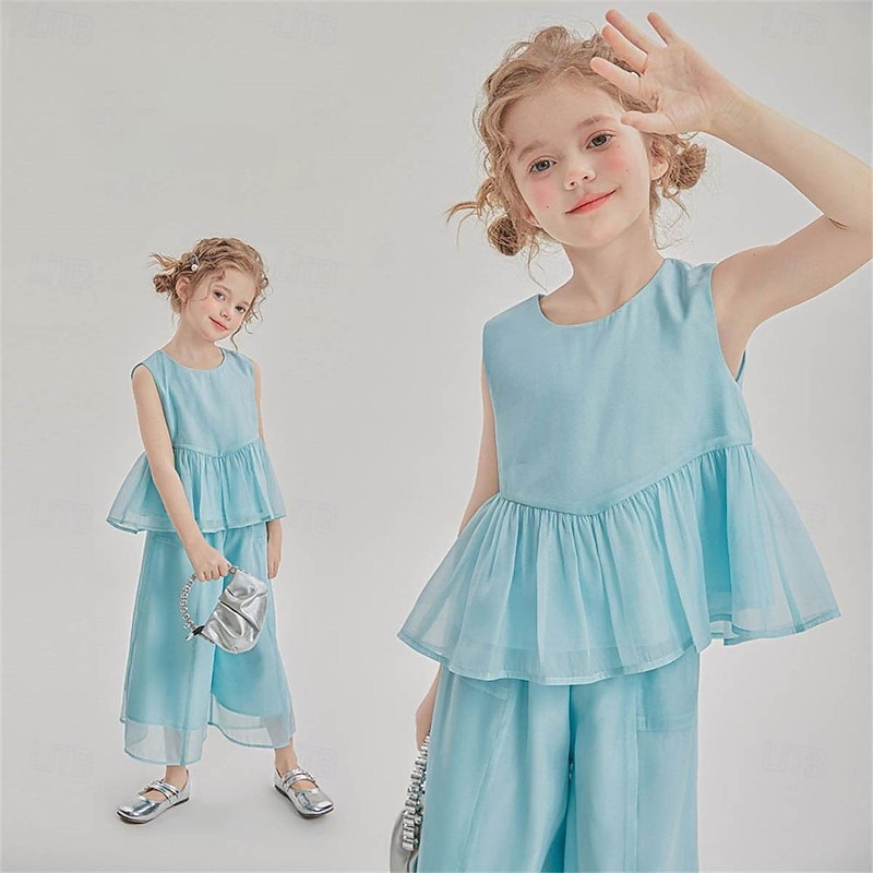 2 Pieces Kids Girls' Solid Color Pants Suit Set Sleeveless Fashion Outdoor 3-7 Years Summer Blue