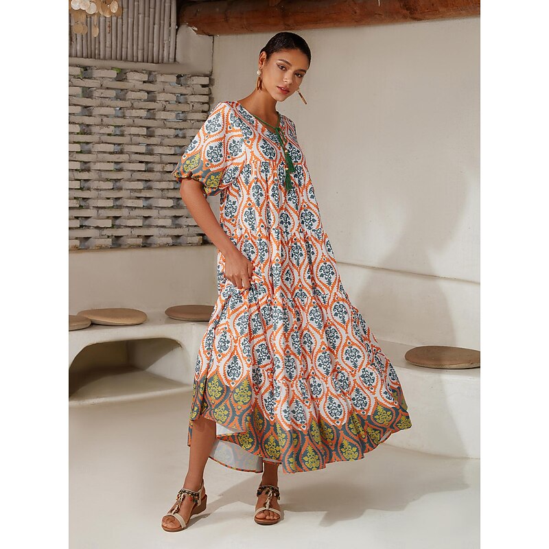 Satin Rainbow Totem Print Swing Maxi Dress2