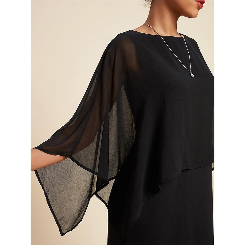 Women's Chiffon Wedding Guest Black Dress Loose Cape Mini Dress Bodycon Dress3