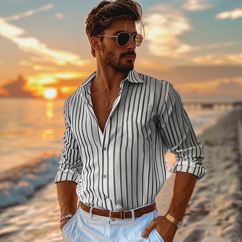 Men's 100% Cotton Shirt Summer Shirt Button Up Shirt Casual Shirt Black Blue Long Sleeve Stripes Lapel Daily Wear Vacation Clothing Apparel Cotton Fashion Hawaiian Casual2