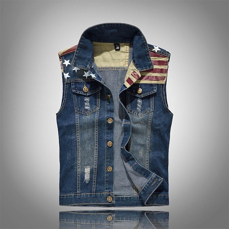Men's Gilet Denim Vest Daily Wear Vacation Going out Fashion Basic Spring &  Fall Button Pocket Cotton Blend Comfortable National Flag Single Breasted Lapel Regular Fit Blue Vest