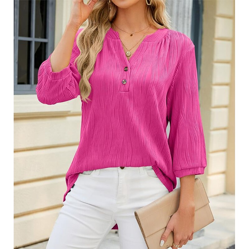 Women's Shirt Basic Lace 3/4 Length Sleeve V Neck Daily Going out White Rose Pink Summer Spring Fall3