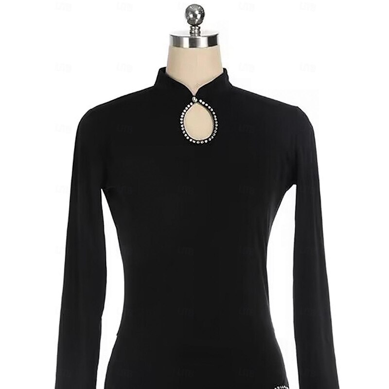 Figure Skating Dress Women's Girls' Ice Skating Dress Black Mesh Spandex Stretchy Training Practice Professional Skating Wear Thermal Warm Crystal / Rhinestone Long Sleeve Ice Skating Figure Skating4