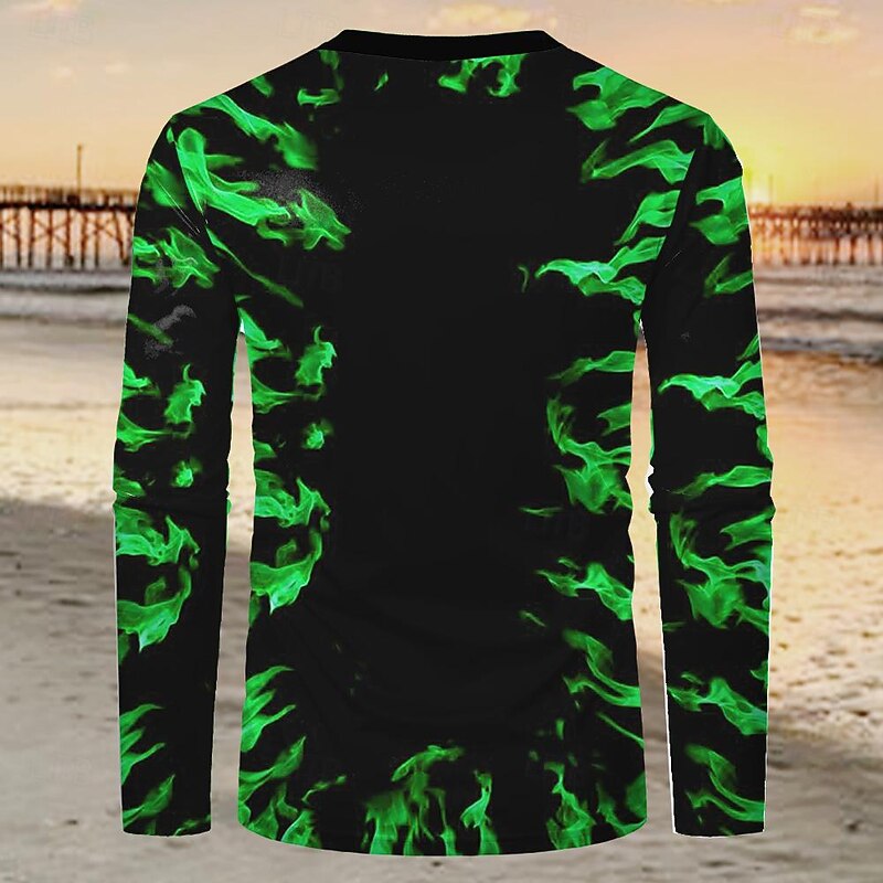 Men's Geometric Flame T Shirt Long Sleeve T shirt 3D Print Shirt Fashion Exaggerated Designer Vacation Street Sports Black / Green Summer Spring Clothing Apparel S M L XL XXL XXXL2