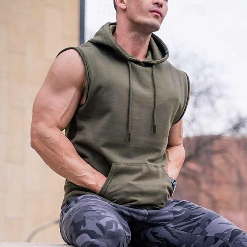 Men's Tank Top Vest Top Undershirt Sleeveless Shirt Sleeveless Hooded Spring & Summer Plain Fashion Designer Basic Front Pocket Vacation Street Going out Black Army Green Gray Top Tee for Men4