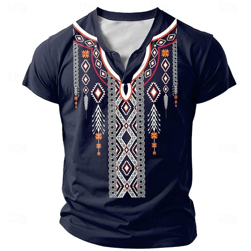 Men's Tribal T Shirt Short Sleeve 3D Print Vacation Fashion Ethnic Casual Summer Spring Dark Blue Henley Henley T-Shirt