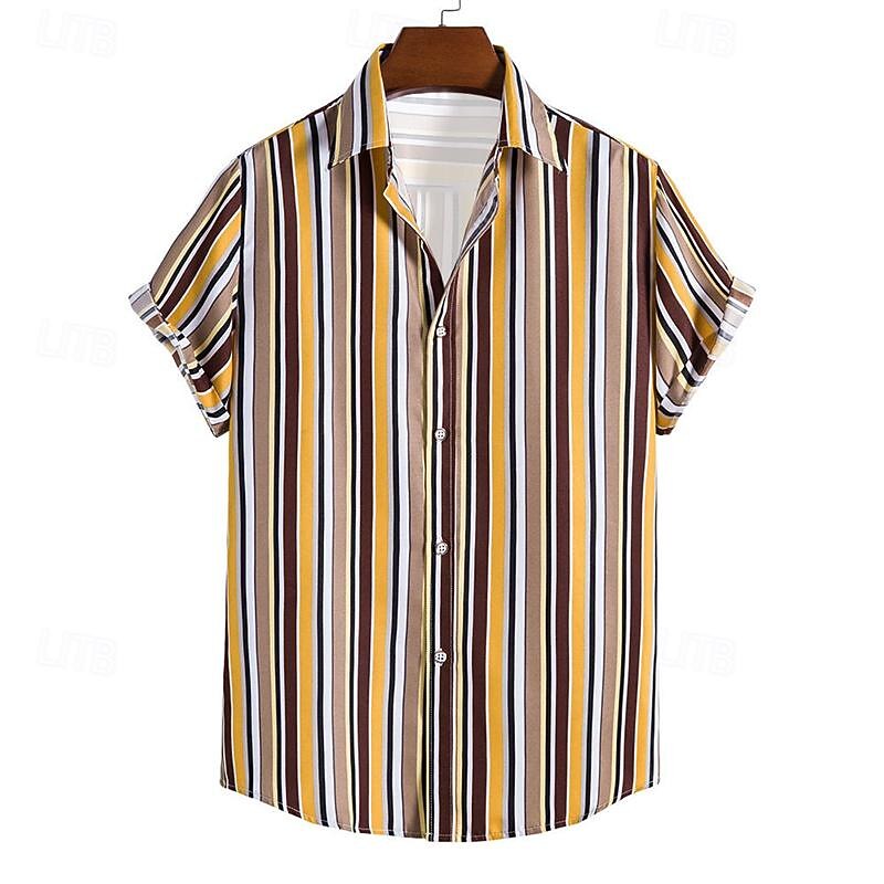 Men's Shirt Summer Shirt Casual Shirt Beach Shirt Button Up Shirt Striped Shirts Light Yellow Yellow Pink Orange Short Sleeve Stripe Turndown Vacation Hawaiian Clothing Apparel Polyester Fashion3