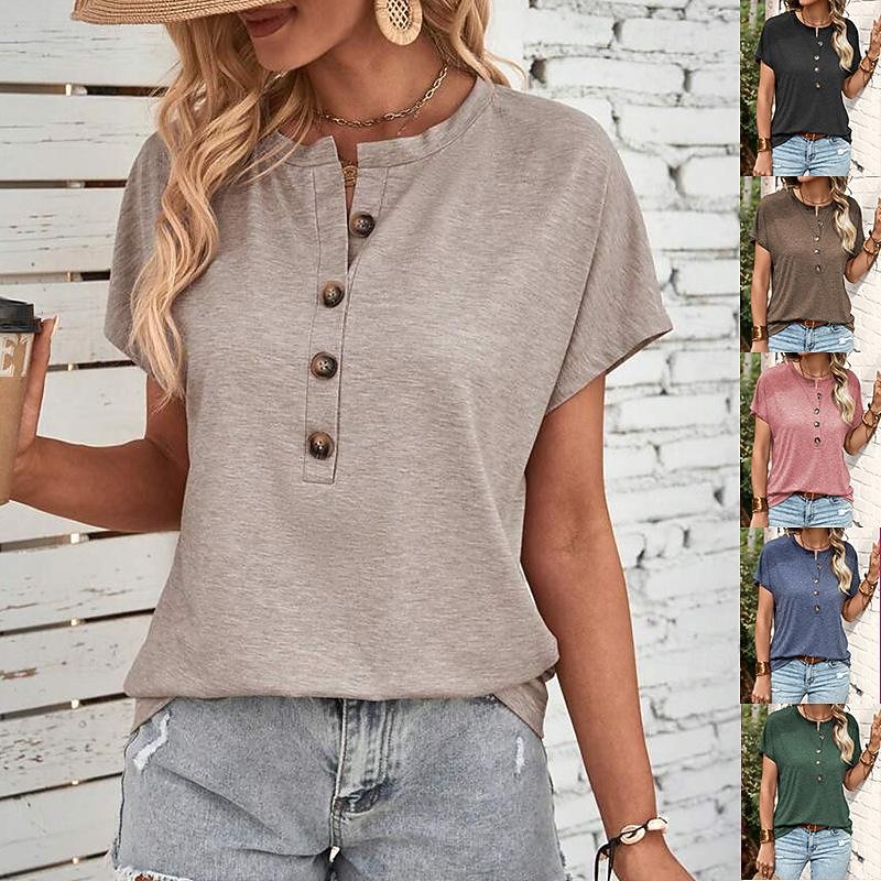 Women's T Shirt Plain Fashion Short Sleeve Round Neck Regular Tops Daily Weekend Buttons Black Pink Blue Brown Green Summer