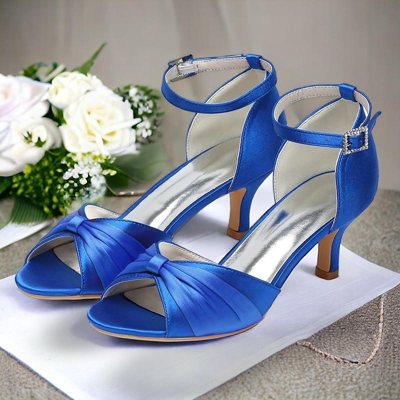 Women's Heels Wedding Shoes Dress Shoes Wedding Party Bowknot Stiletto Round Toe Elegant Satin Buckle Blue Green2