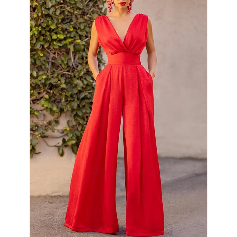 Women's Jumpsuit Pocket Solid Color V Neck Stylish Work Wide Leg Slim Sleeveless  Red Summer3