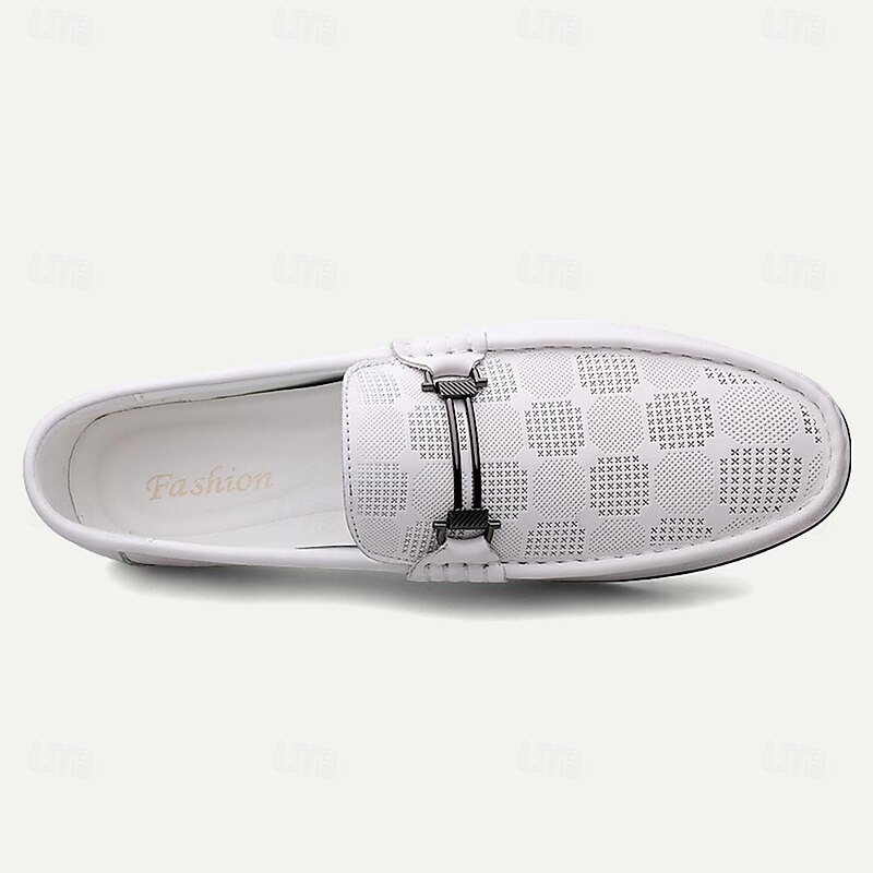 Men's White Leather Slip-On Loafers - Stylish Checker Pattern Driving Shoes4