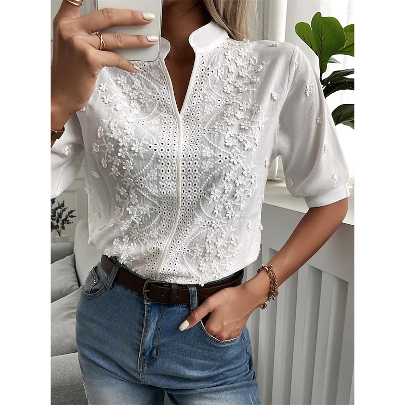 Shirt Lace Shirt Blouse Dressy Tops Women's White Plain Eyelet Lace Street Daily Basic Modern V Neck Regular Fit S3