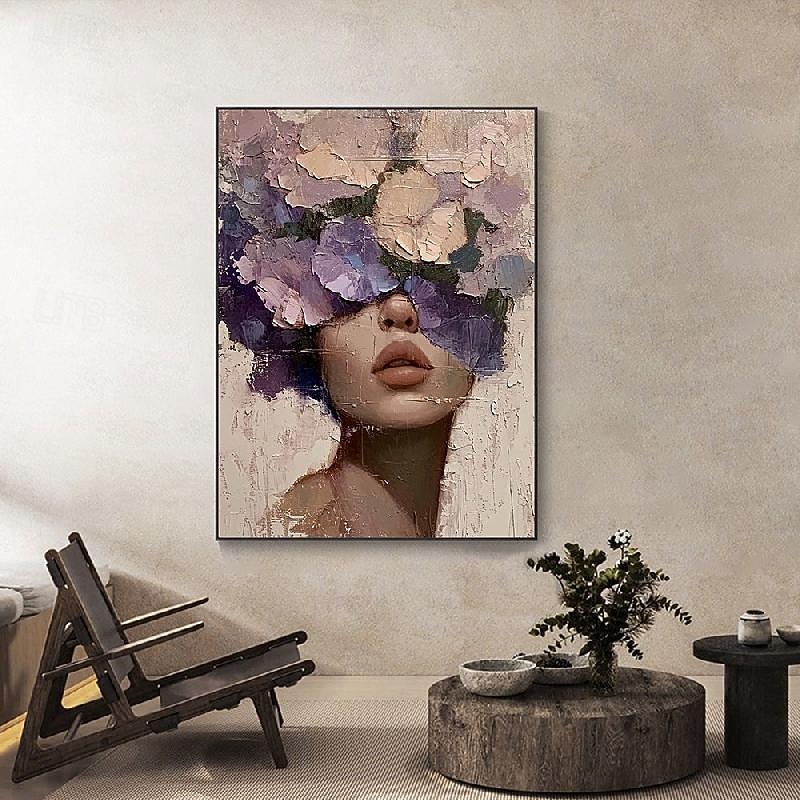 Abstract Lady Painting hand painted Woman Face Painting Large handmade Faceless Portrait Artwork Flower Figurative Canvas Art Framed Woman Art Home Decor4