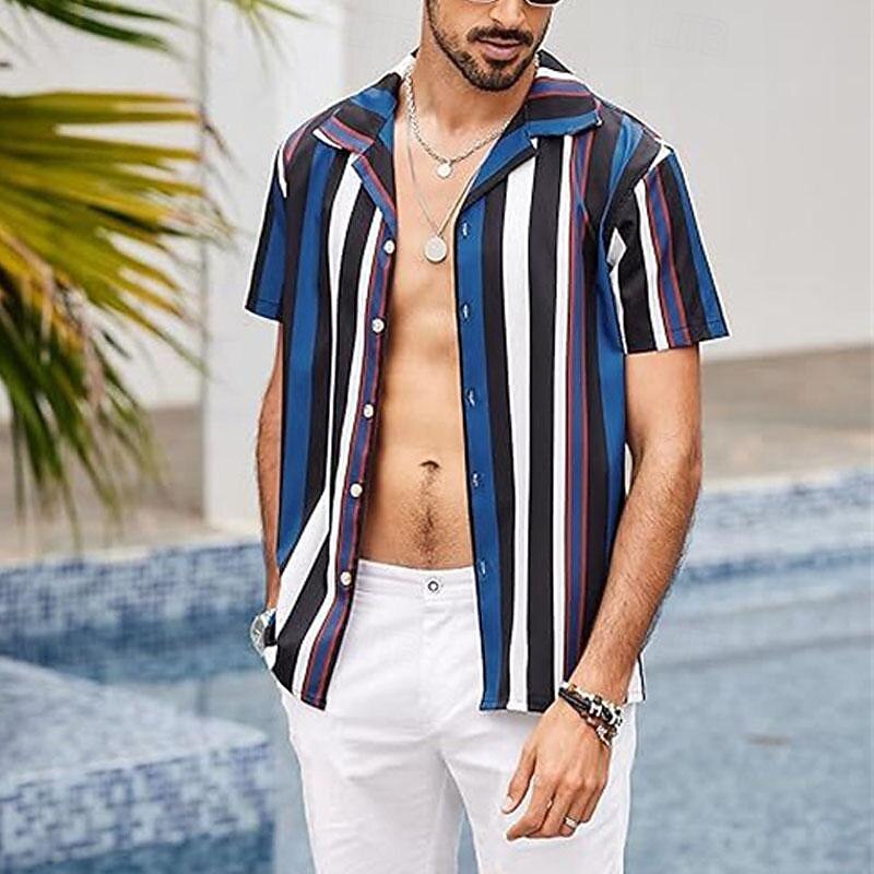 Men's Shirt Summer Shirt Casual Shirt Beach Shirt Button Up Shirt Striped Shirts Blue Green Chocolate Coffee Short Sleeve Stripes Camp Collar Vacation Hawaiian Clothing Apparel Polyester Fashion2