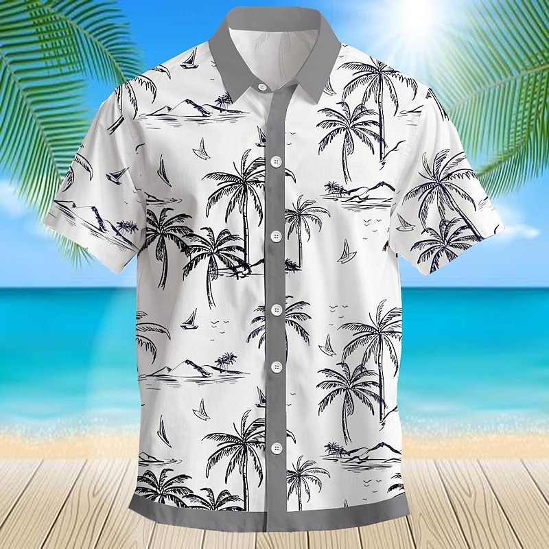 Men's Coconut Tree Palm Tree Tropical Plants Summer Hawaiian Shirt Aloha Shirt Short Sleeves Shirt Turndown Hawaiian Casual Resort Outdoor Vacation Street Blue Gray S M L