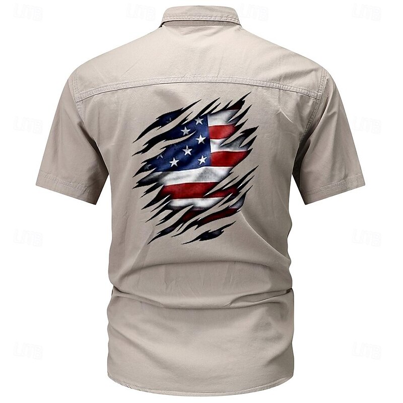 Men's National Flag Work Shirt Western Shirt Cargo Shirt Short Sleeve Casual Tactical Going out Summer Turndown Buttons Print Black Green Dark Blue Beige Gray2
