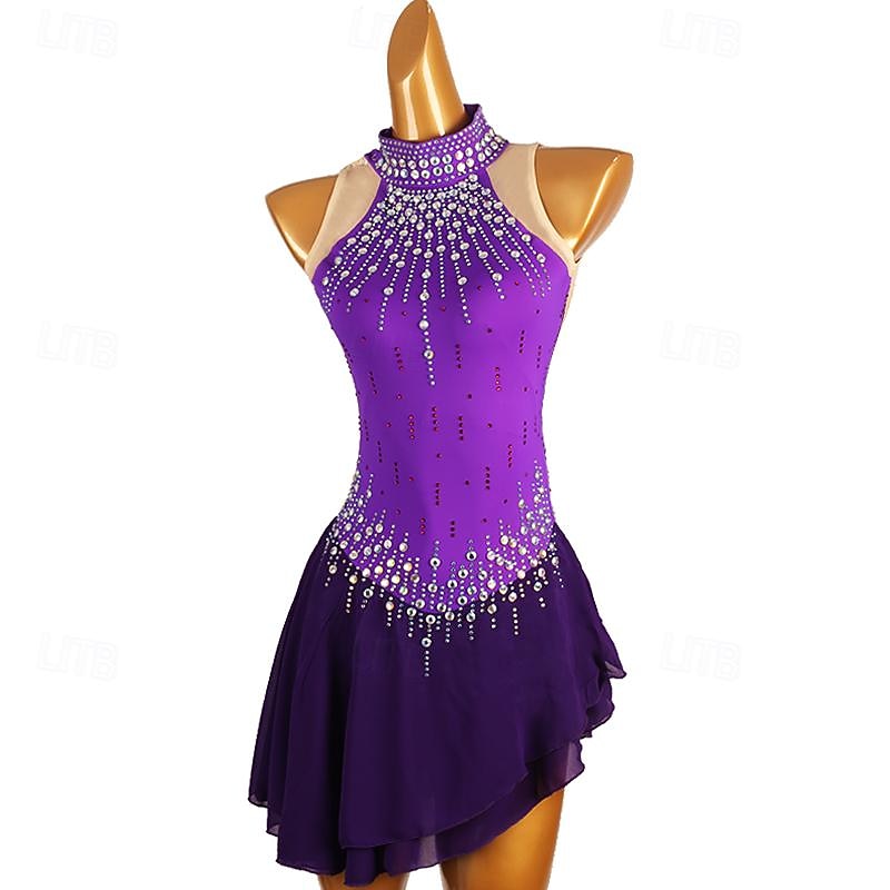 Figure Skating Dress Women's Girls' Ice Skating Dress Purple Patchwork Open Back Mesh Spandex High Elasticity Training Competition Skating Wear Classic Crystal / Rhinestone Sleeveless Ice Skating3