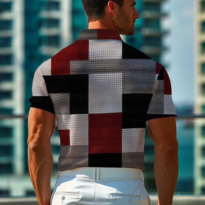 Men's Waffle Polo Shirts Golf Shirt Short Sleeve Polo Shirts Collared Shirts Casual Vacation Wear Formal Wear Festival Wear Buttons 3D Print Summer Spring Red2