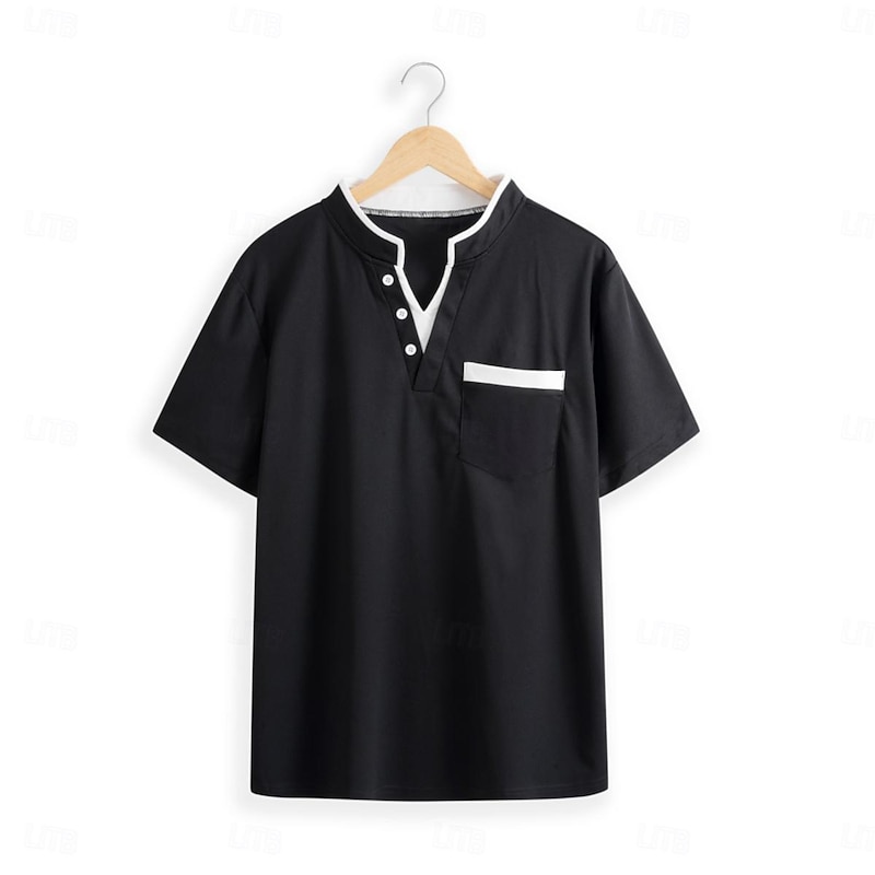 Men's Collarless Golf Shirts Banded Collar Shirt Street Casual Notched V Neck Short Sleeve Fashion Basic Plain Button Summer Regular Fit Black White Navy Blue Gray Collarless Golf Shirts2