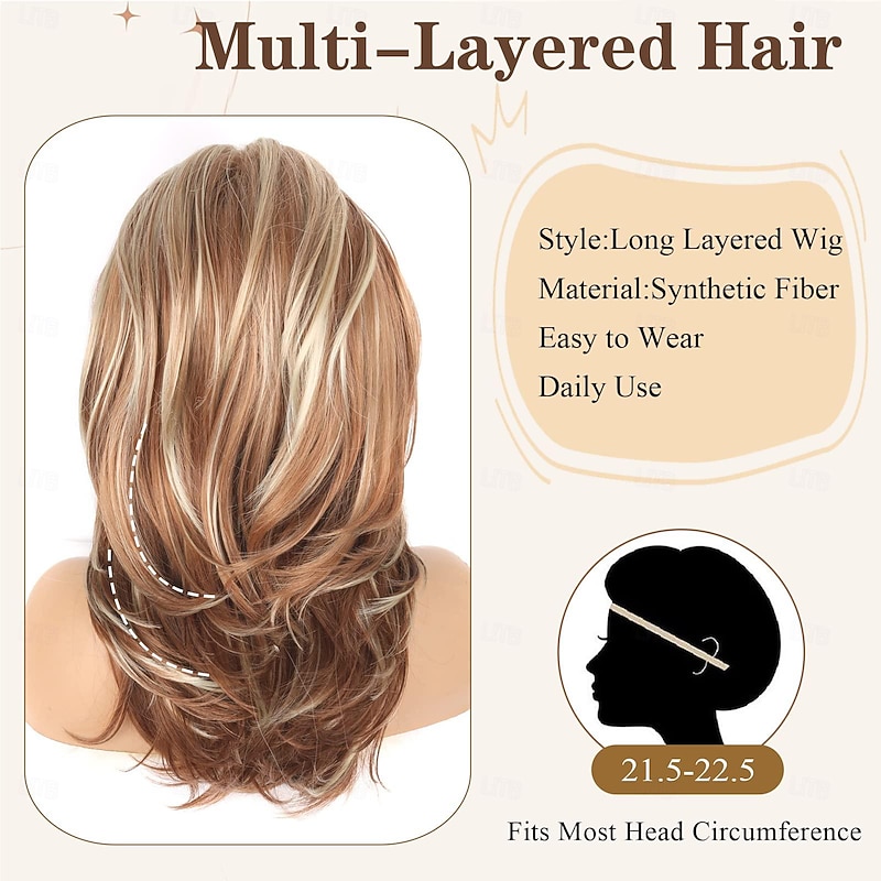 Long Layered Wig Blonde Layered Wigs 16Inch Natural Wave Hair Wig for Women Daily Party Use Fashion Hair Replacement Wigs Synthetic (16Inch, Brown Mixed Blonde#)2