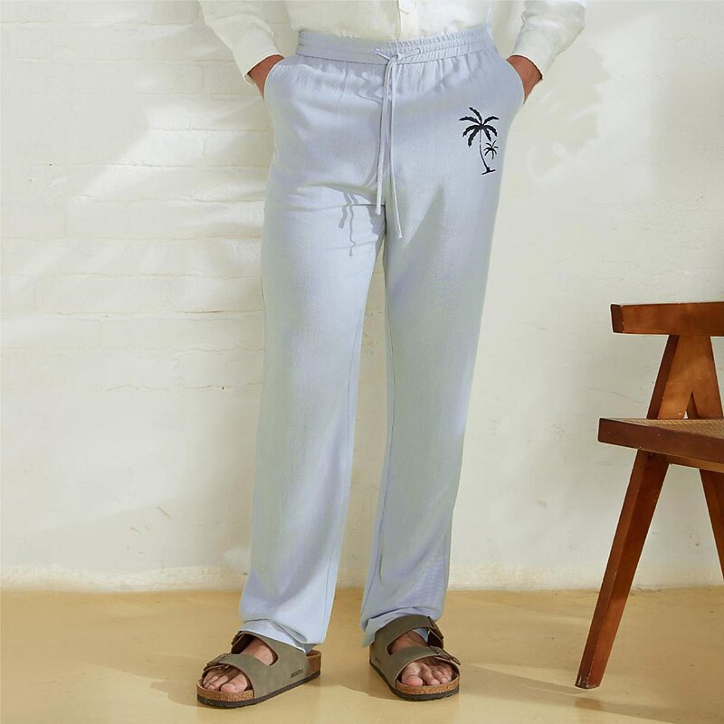 Men's Linen Pants 40% Linen Trousers Summer Pants Beach Pants Drawstring Elastic Waist Straight Leg Coconut Tree Breathable Full Length Vacation Beach Fashion Casual Blue Brown4