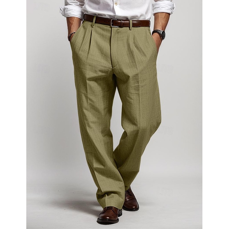 Men's Linen Pants Trousers Summer Pants Pleated Pants Front Pocket Straight Leg Plain Comfort Breathable Casual Daily Holiday Fashion Basic Black White4