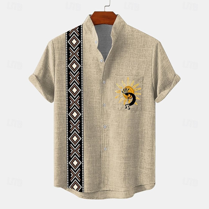 Men's Shirt Bowling Shirt Button Up Shirt Short Sleeve Vintage Casual Tribal Daily Holiday Summer Spring Band Collar grandad collar Print Green Khaki Beige3