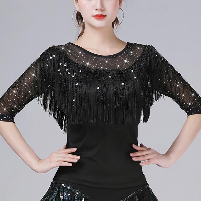 Latin Dance Ballroom Dance Top Tassel Pure Color Splicing Women's Performance Training Half Sleeve High Polyester4