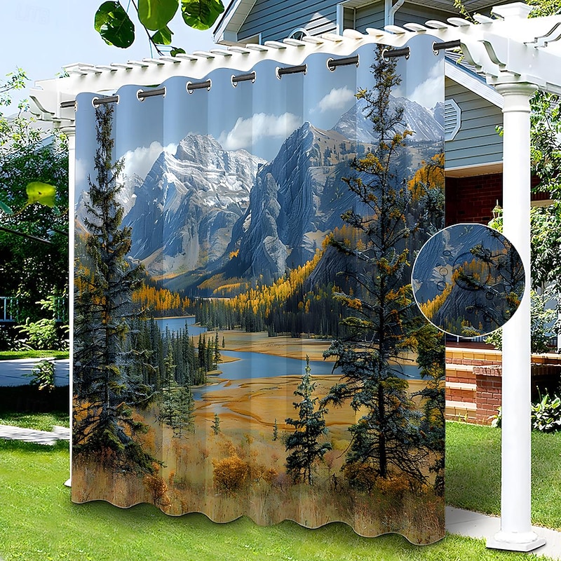 Waterproof Outdoor Curtain Privacy, Sliding Patio Curtain Drapes, Pergola Curtains Grommet 3D Moutain Landscape For Gazebo, Balcony, Porch, Party, 1 Panel2
