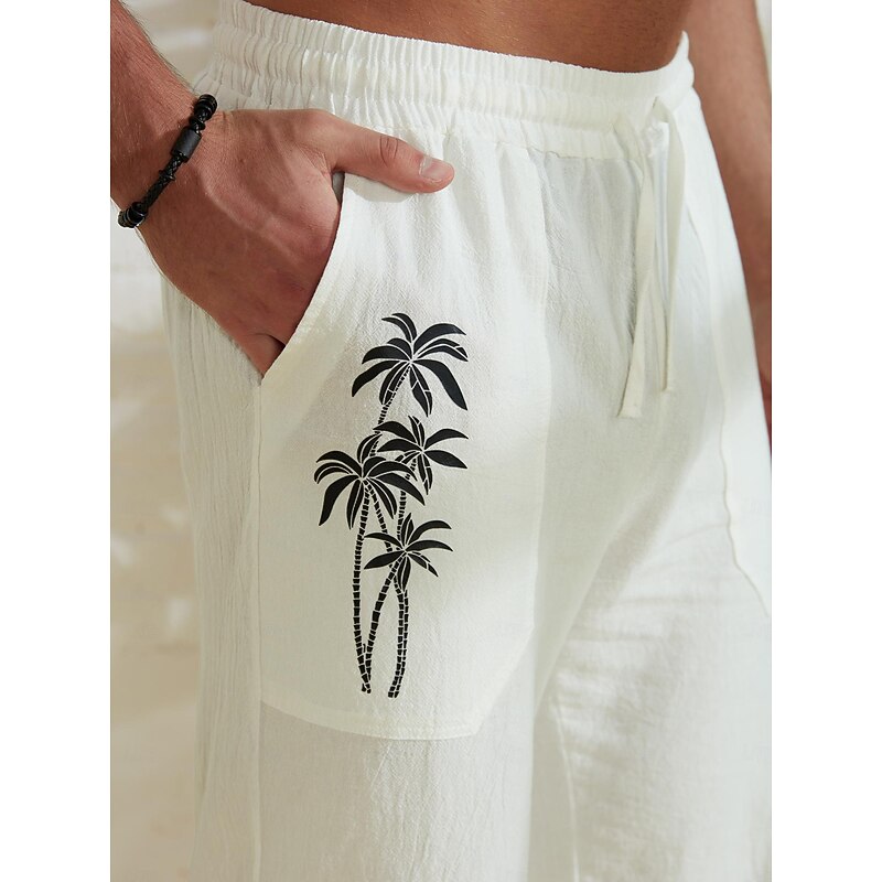 Men's Coconut Tree Graphic Prints Trousers Summer Pants Beach Pants Mid Waist Streetwear Hawaiian Designer Casual Daily Holiday Drawstring Elastic Waist 3D Print Spring & Summer Hot Stamping White3