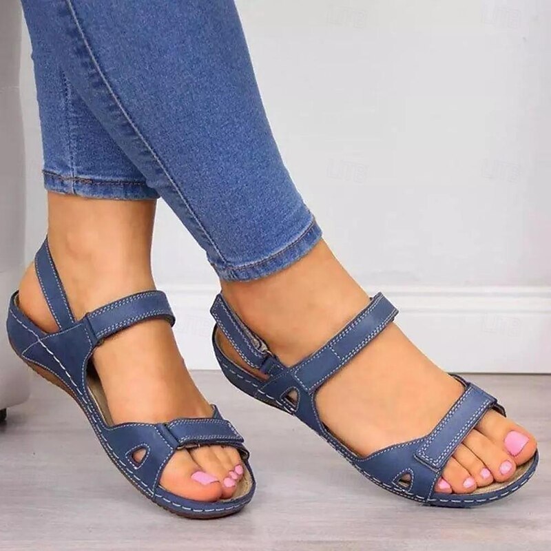 Women's Blue Faux Leather Flat Sandals with Adjustable Hook-and-Loop Straps – Casual Comfort Summer Sandals for Walking, Travel, and Daily Wear2