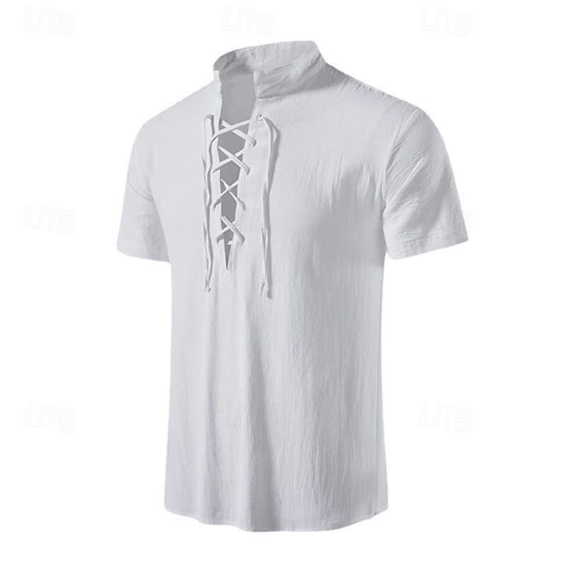 Men's Shirt Cotton Linen Shirt Cotton Shirt Plain Vacation Street Black White Khaki Short Sleeve Band Collar Summer Clothing Apparel Lace up2