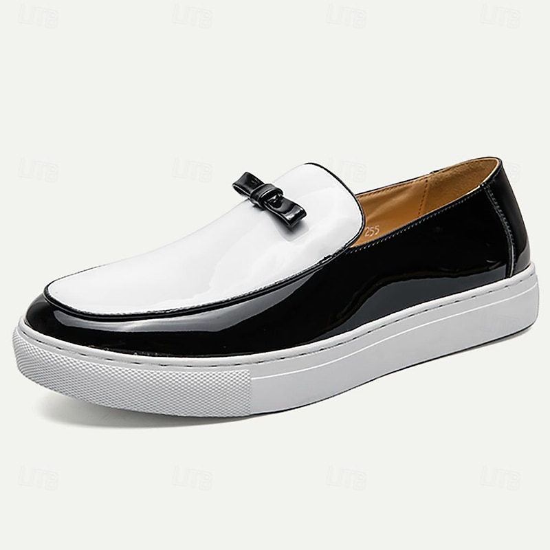 Men's Black and White Patent Faux Leather Loafers with Bow Detail – Stylish Slip-On Dress Shoes for Formal Events and Parties3