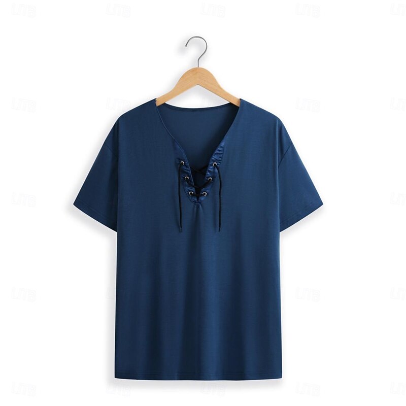 Men's T Shirt Tee Top Long Sleeve V Neck Spring & Summer Plain Fashion Designer Basic Lace up Vacation Street Going out Black Blue Green Top Tee for Men3