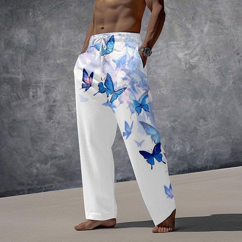 Men's Butterfly Trousers Mid Waist Holiday Casual Summer Spring 3D Print Lake blue Black Royal Blue